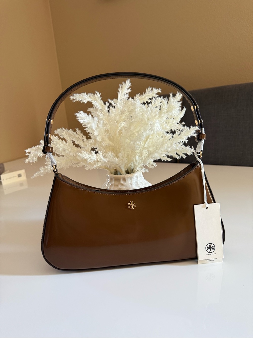 NWT , tory burch Emerson smooth shoulder bag brown rich walnut $400